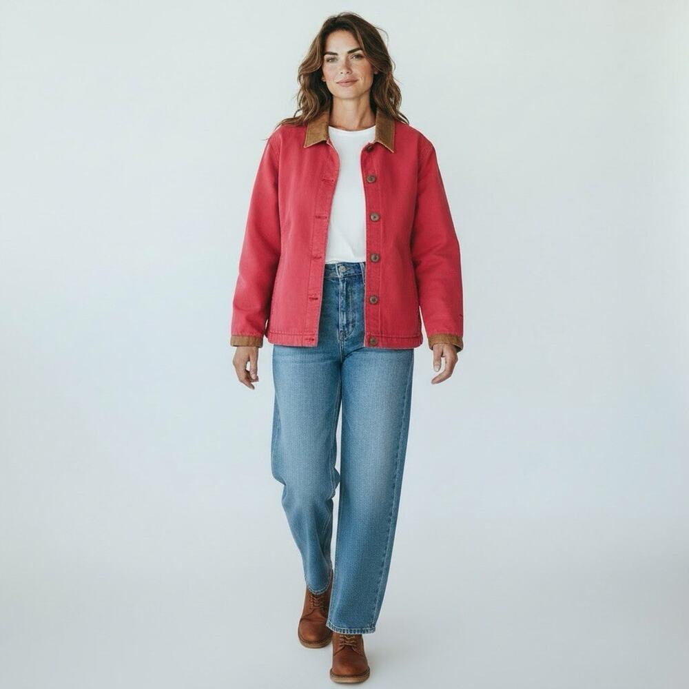 Vintage Woolrich Red Barn Jacket Women’s Large Chore 90’s Leather Collar Coat